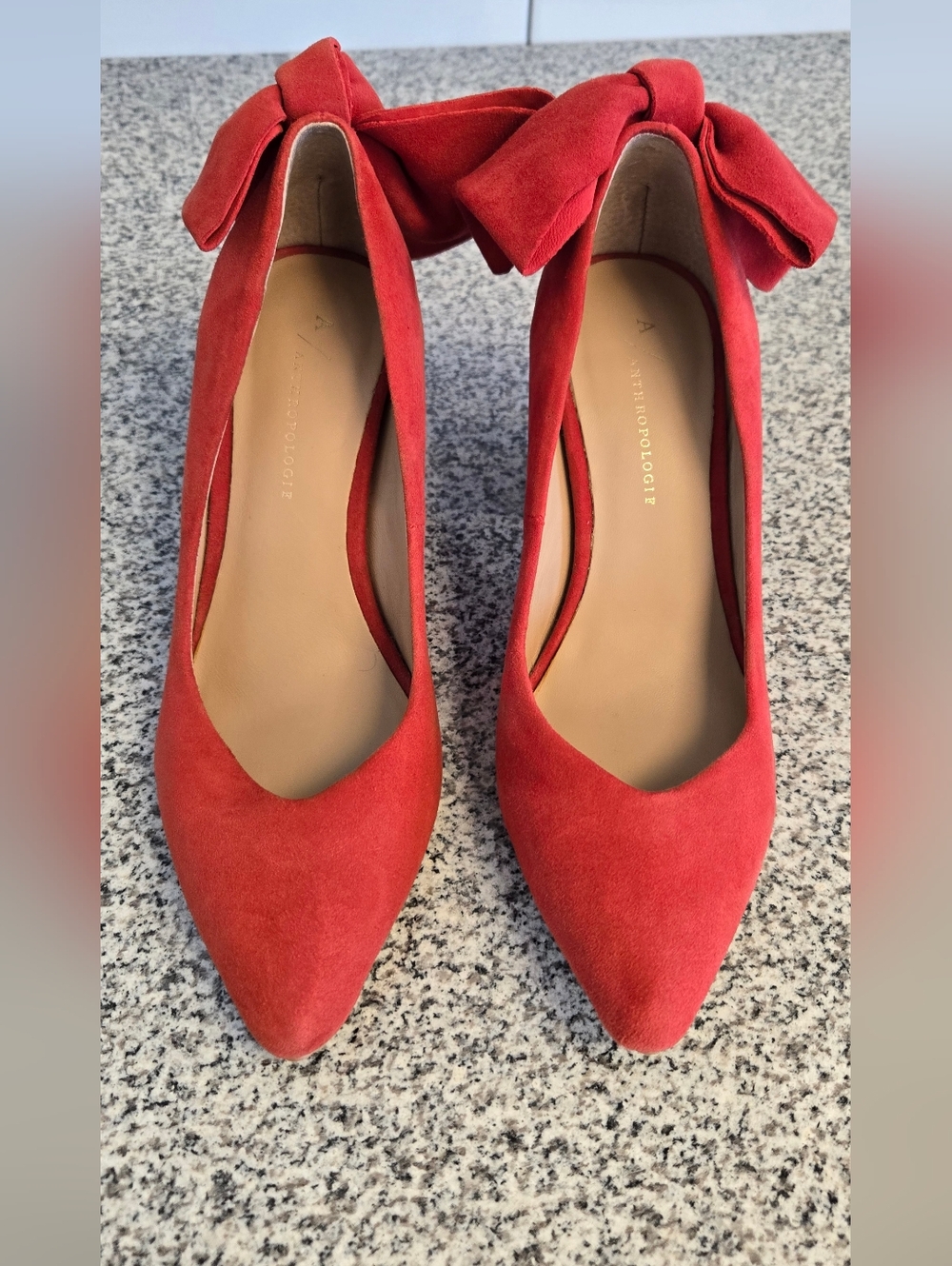 Anthropologie Red Suede Bow Block Heel Pumps - Picture 3 of 5